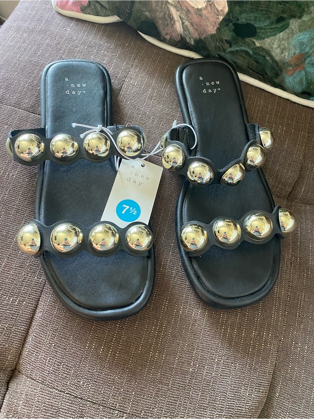 a new day Black Slide Sandals with Silver Tone Orb Studs Size 7.5 Brand New